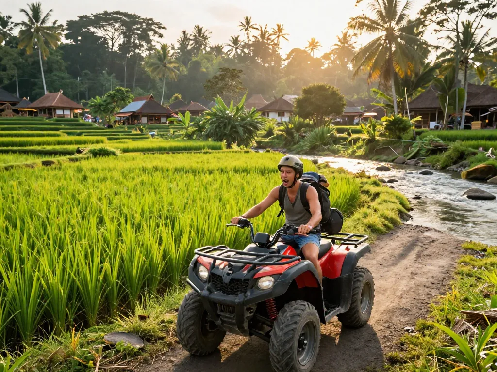 Bali tour packages showcasing an ATV adventure through lush jungles and rice fields.
