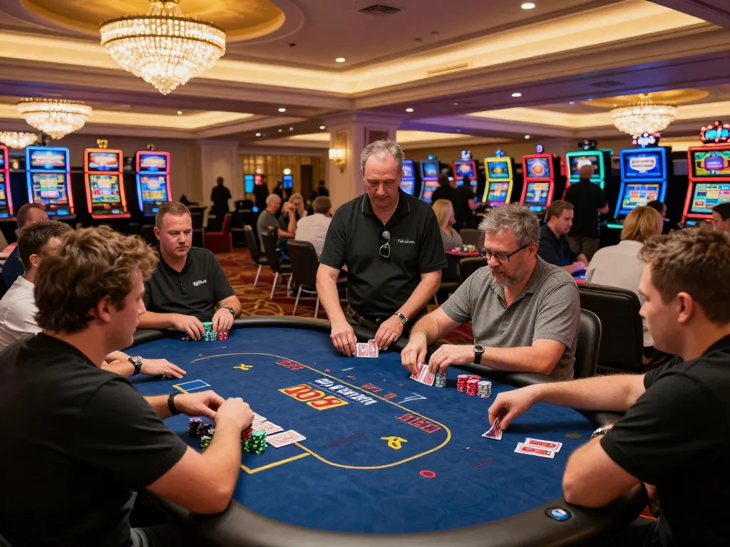 Players engaged in strategic gameplay at 88vin bet poker tables in a vibrant, upscale casino atmosphere.