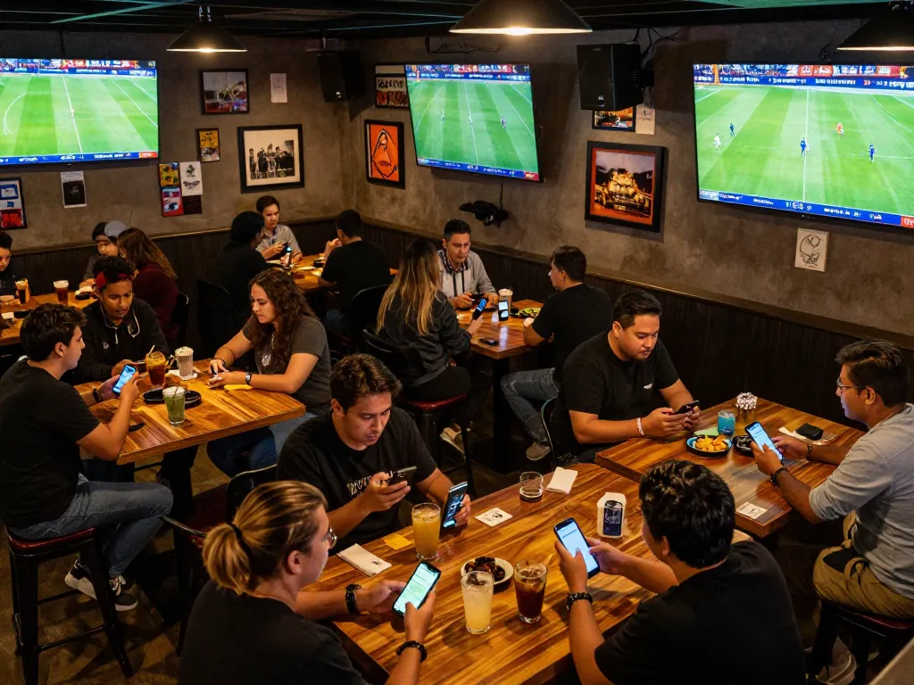 Socolive trực tiếp bóng đá captures fans engaging in live sports betting at a lively sports bar.