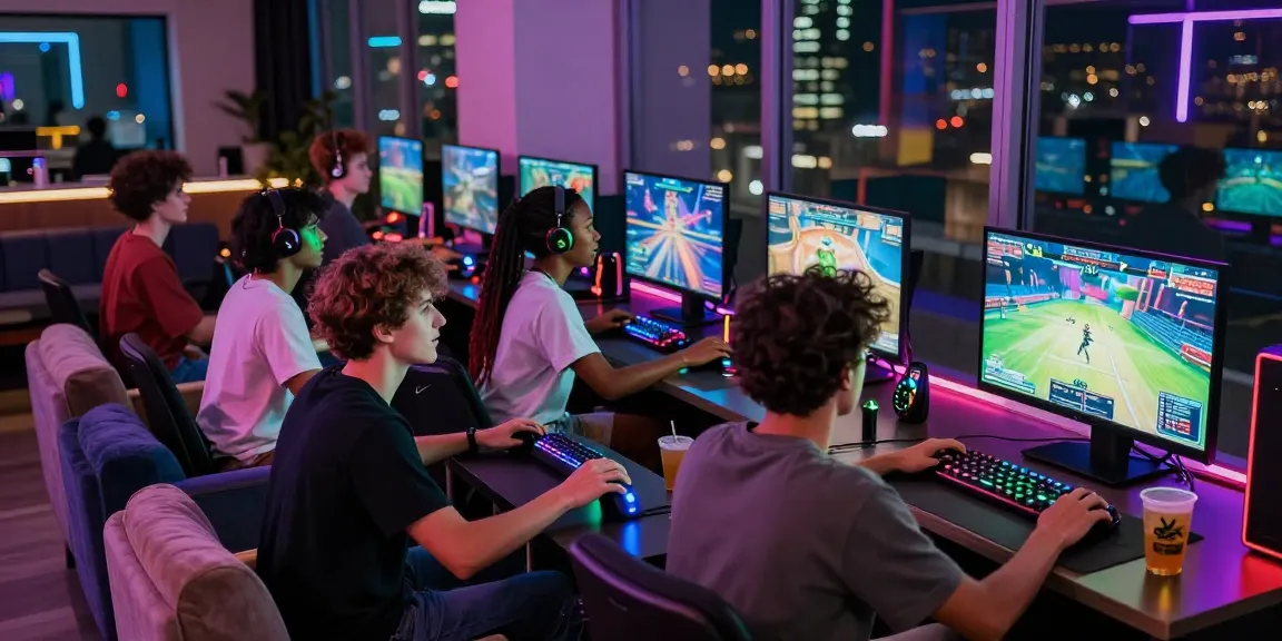 Paus hoki gaming scene with friends enjoying lively entertainment in a modern lounge.