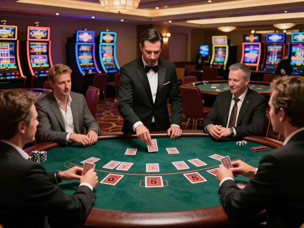 Engaged players at a debet blackjack table with dealer in action, showcasing vibrant casino atmosphere