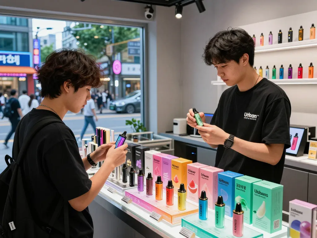 Exploring vape options in Seoul with colorful selections at a trendy shop.