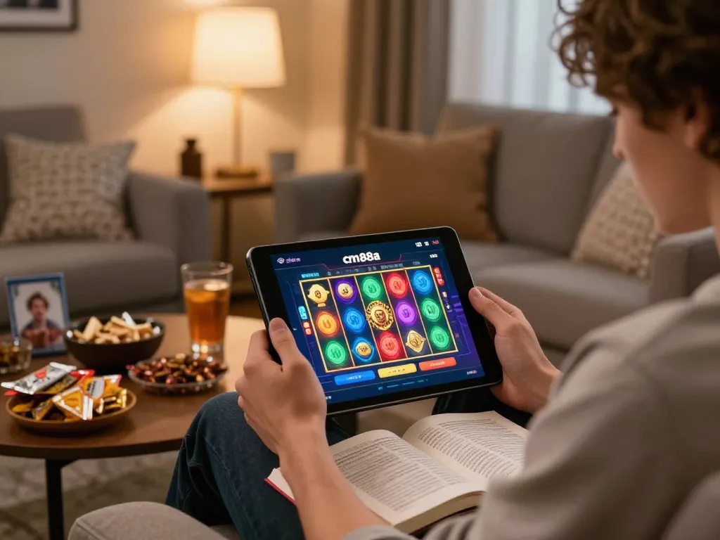 Engaging player enjoying cm88a slot games on a tablet in a cozy home setting