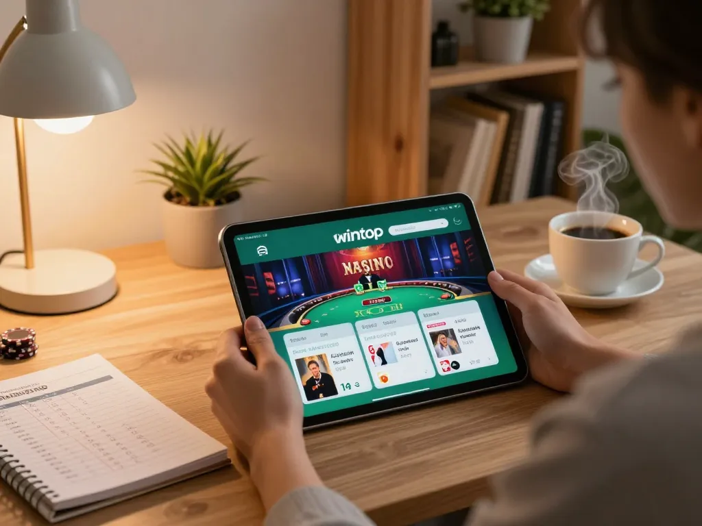 Player enjoying online poker on the sunwintop app at home, surrounded by strategy notes and a cozy setting.