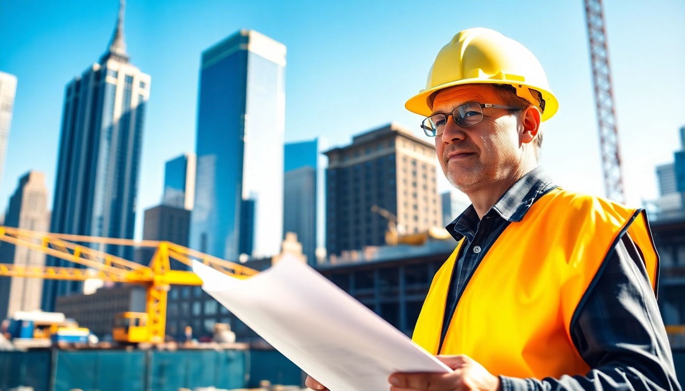 New York City Construction Manager supervising a busy construction site with city skyline.
