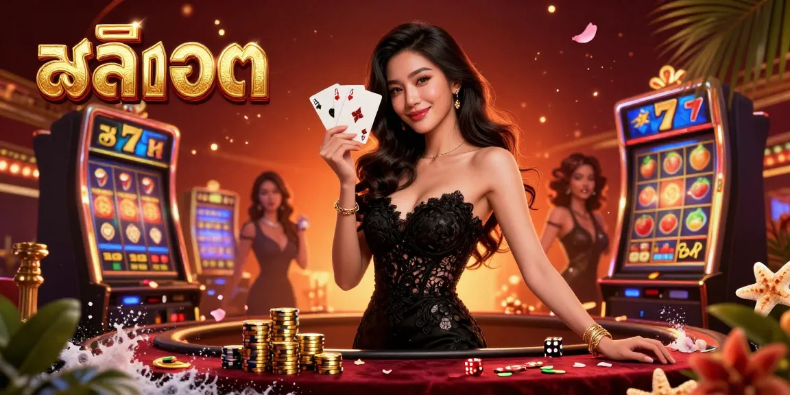 Play thrilling สล็อต with an elegant Asian woman holding ace cards in a luxurious casino setting.