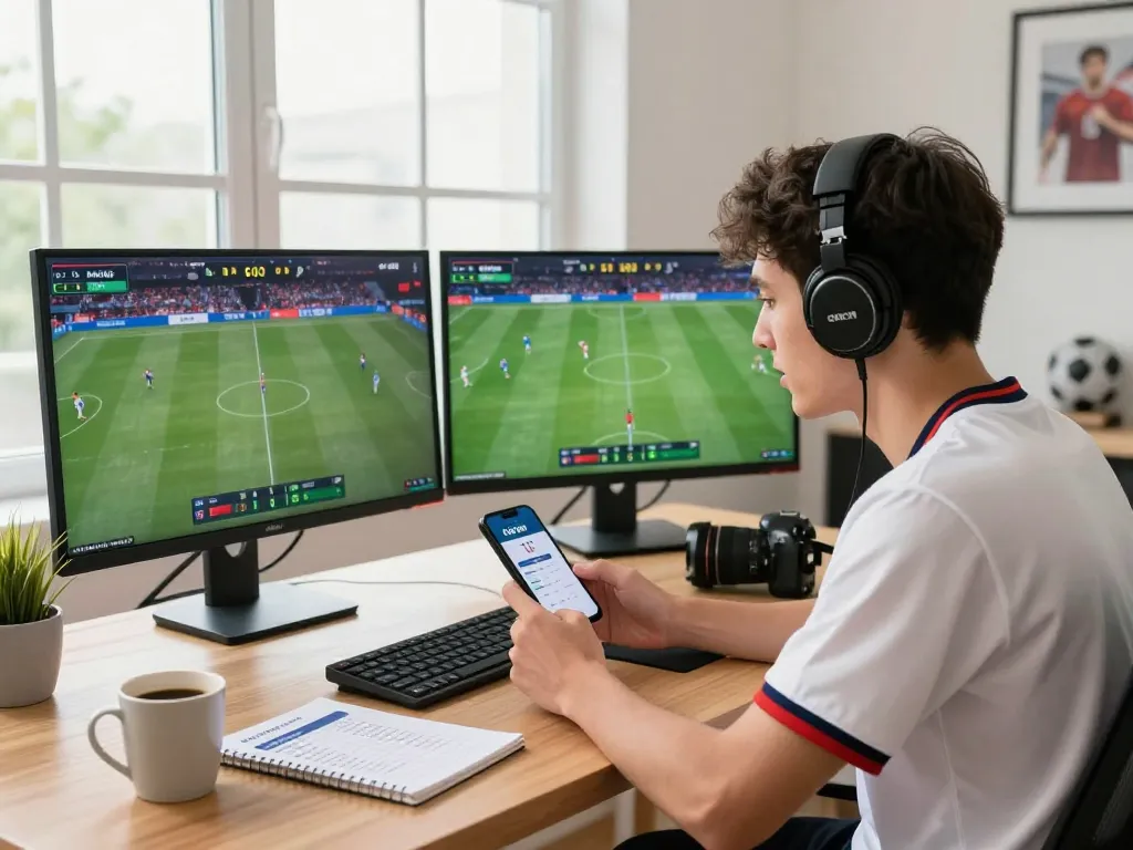 Excited bettor using the OKFUN app for live sports betting in a modern home office