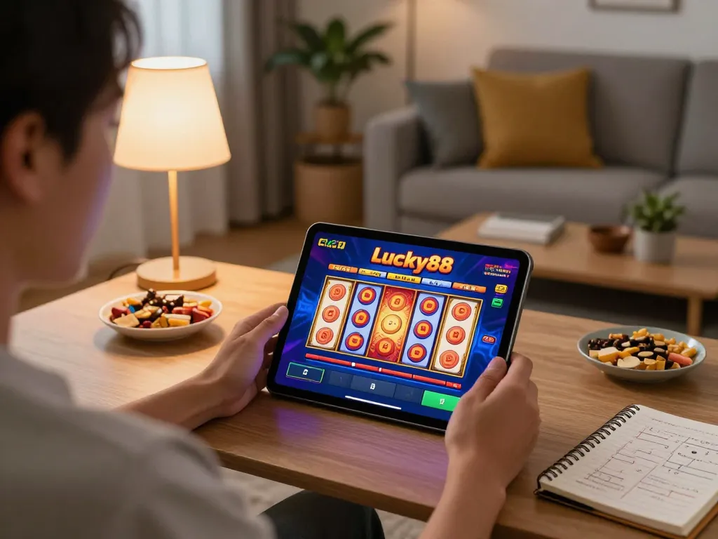 Playing the Lucky88 slot game on a tablet in a cozy home gaming setup, indicating immersive online entertainment.