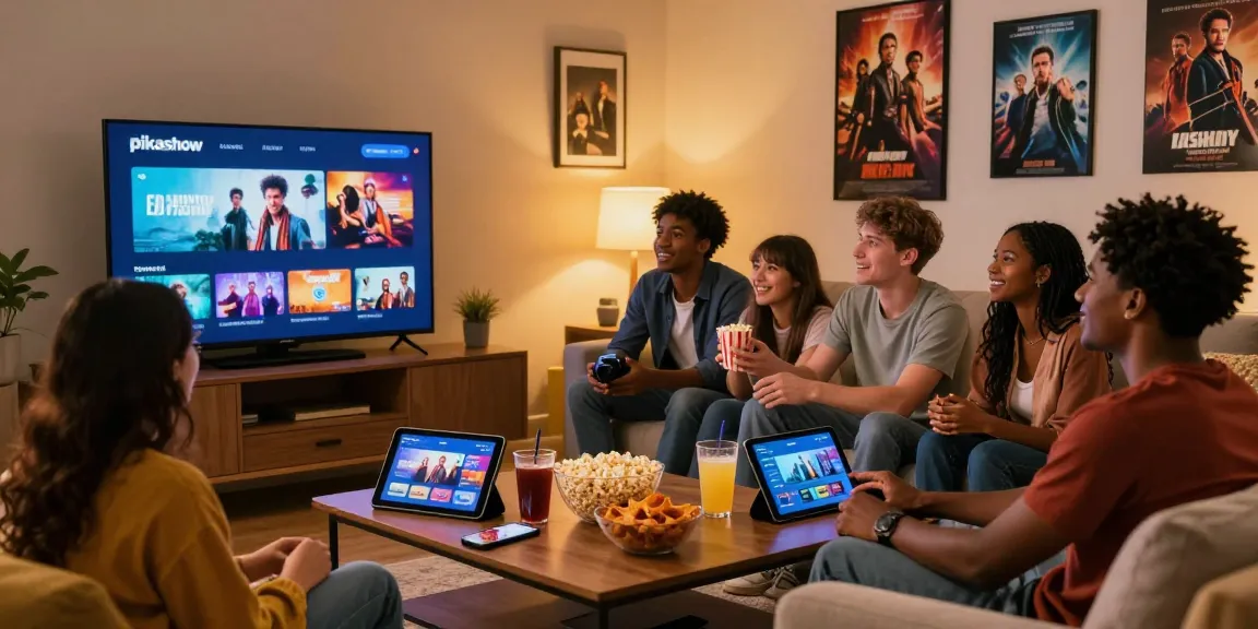 Friends enjoying movie night using Pikashow for streaming entertainment with snacks and cozy atmosphere.