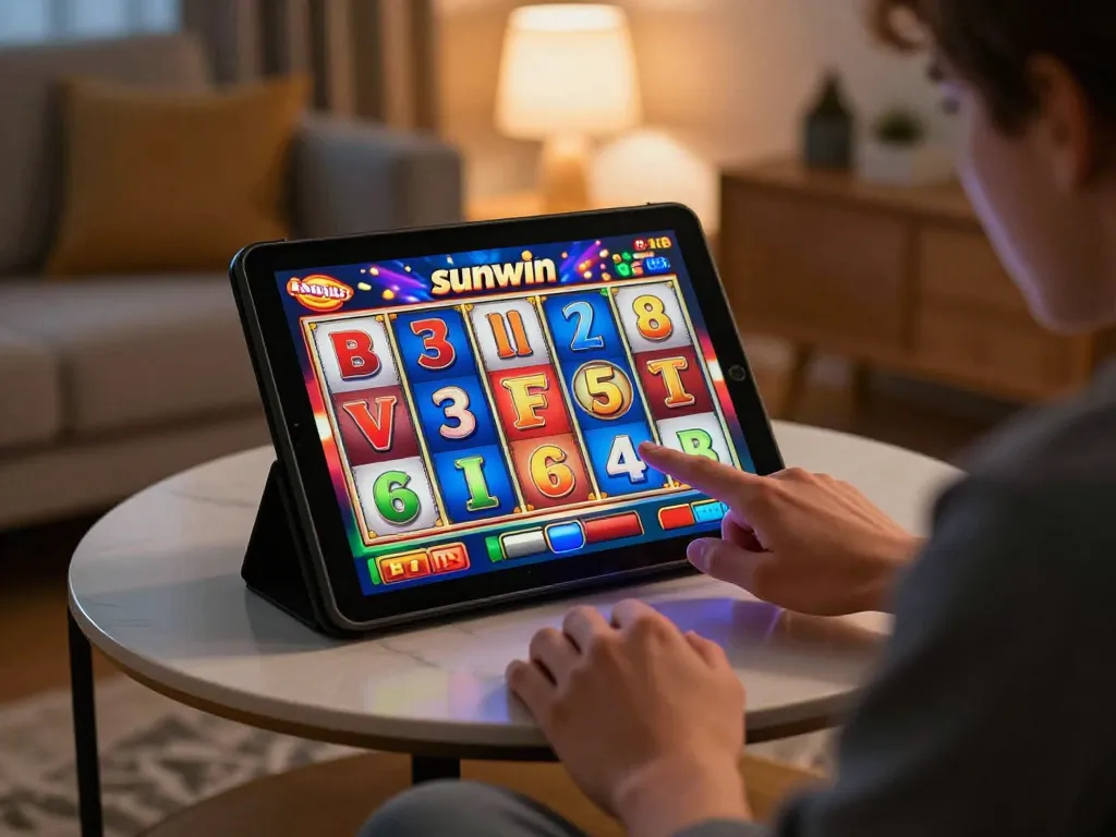 Player celebrating a sunwin jackpot win at an online slot game in a cozy home setup.