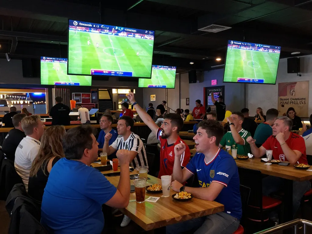 Socolive sports fans cheering and enjoying a live football match on multiple screens in an energetic sports bar