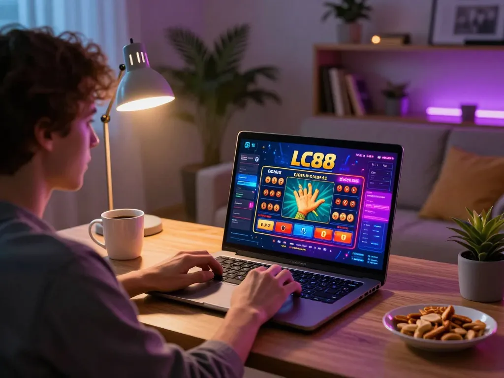 Experience thrilling online gaming at LC88 with a vibrant living room atmosphere.