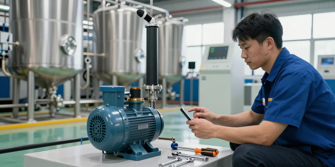 Vertical sump pump maintenance in a professional industrial setting with stainless steel tanks.