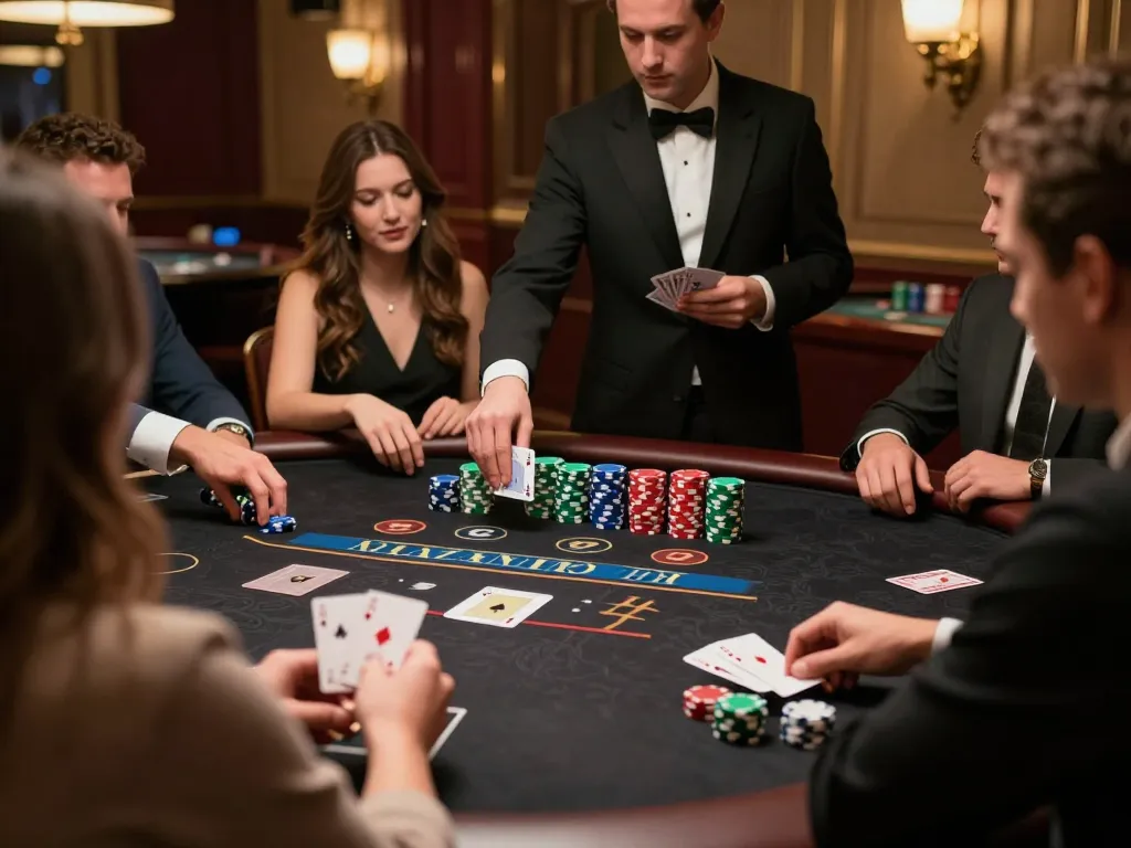 Players strategizing at the five88 blackjack table in a sophisticated casino atmosphere