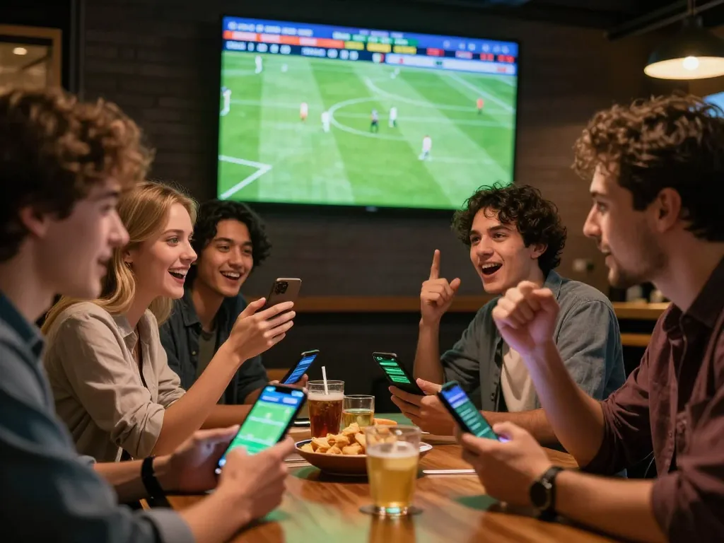 Socolive trực tiếp bóng đá as friends enthusiastically place bets on a smartphone while watching a football match.