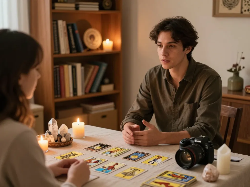 Discover why do I keep attracting the same partner? in a spiritual consultation setting with tarot cards and crystals.