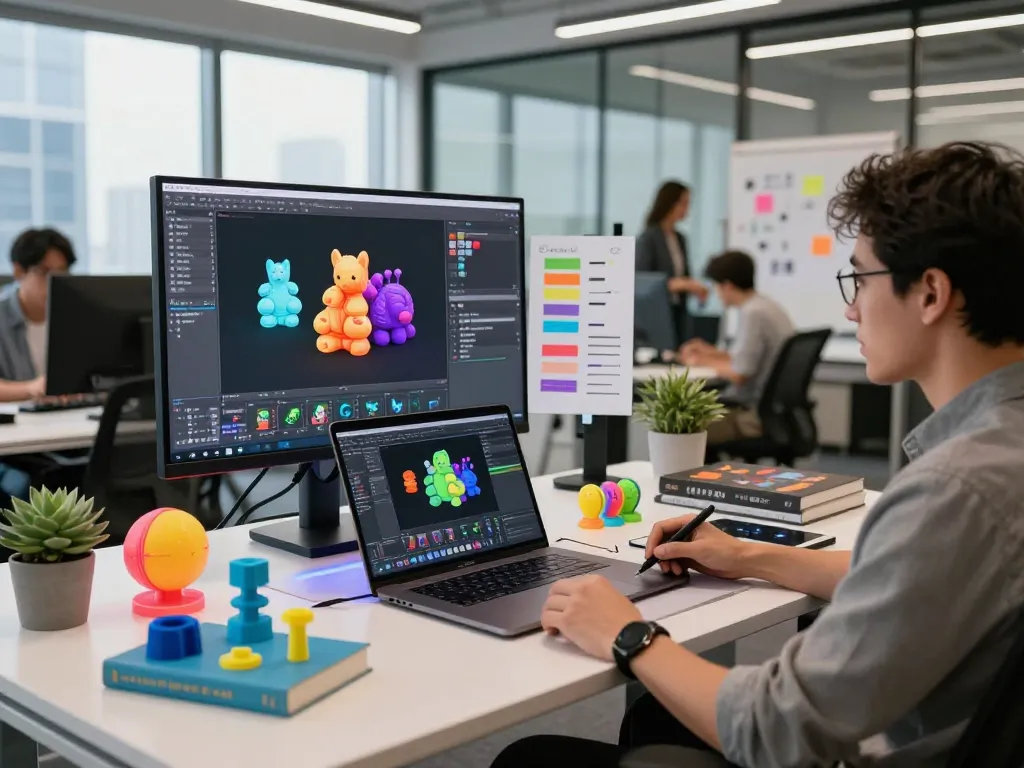Designer using Text to 3D software in a vibrant modern workspace