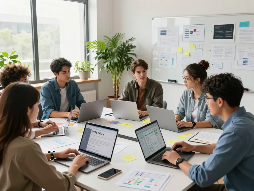 Collaboration in a modern workspace discussing WPS Office features, highlighting the innovation of wps官网 in a professional setting.