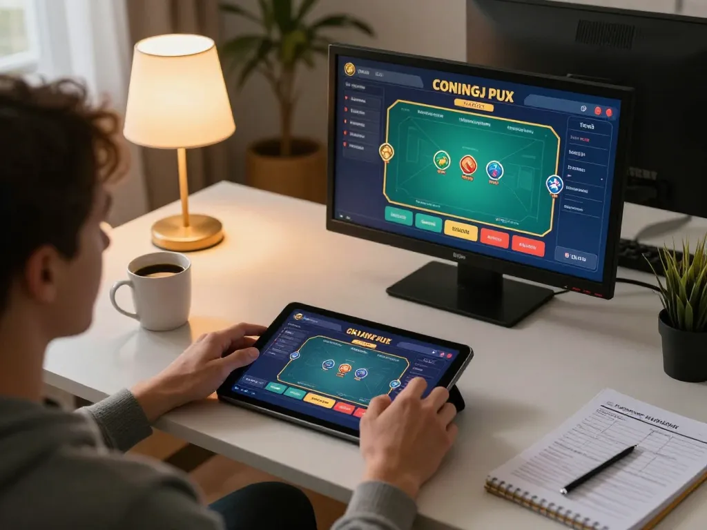 JUN88 player engaging in online poker at home with a cozy setup and strategic notes