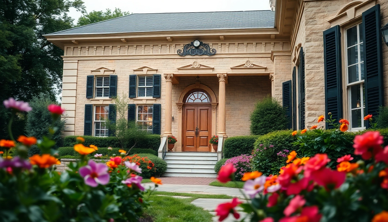 Colonial home renovation showcasing elegant architecture amidst a vibrant garden.