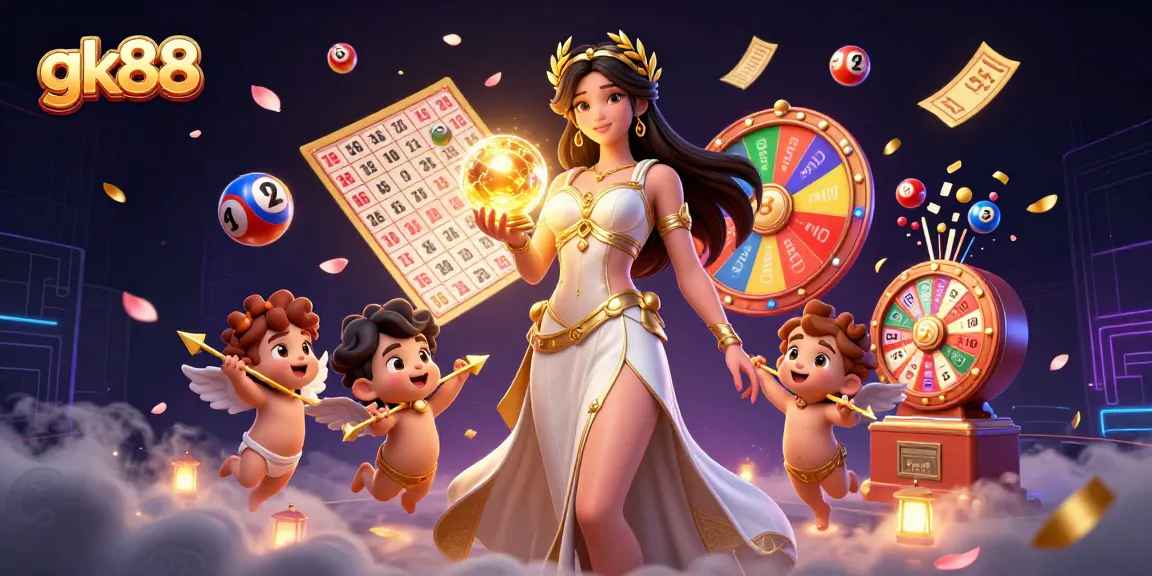 Experience thrilling moments at gk88 with a stunning 3D scene of casino elements and characters.