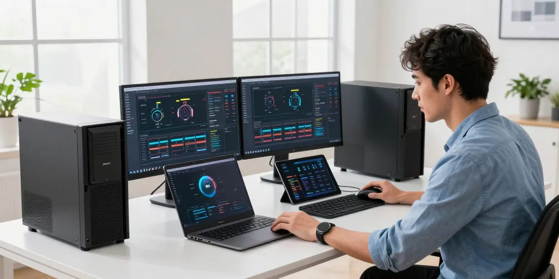 Reviewing refurbished PCs in a bright tech workspace with multiple monitors and stylish accessories.