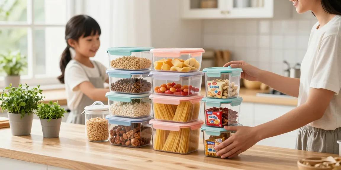 A family organizes colorful airtight food storage containers in a bright kitchen, showcasing freshness and order.