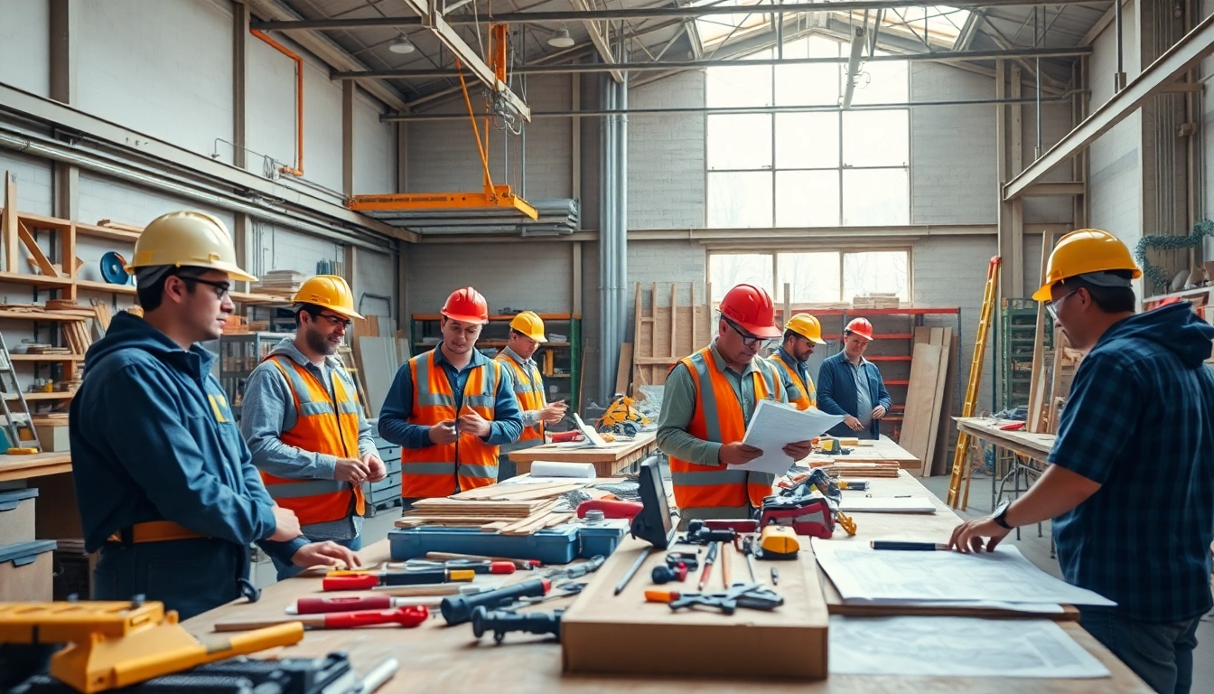 Engaged apprentices in a construction apprenticeship program collaborate with tools and materials.