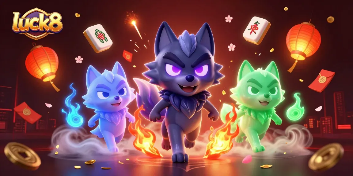 Experience the excitement of luck8 casino with vibrant 3D wolves amidst floating game symbols.