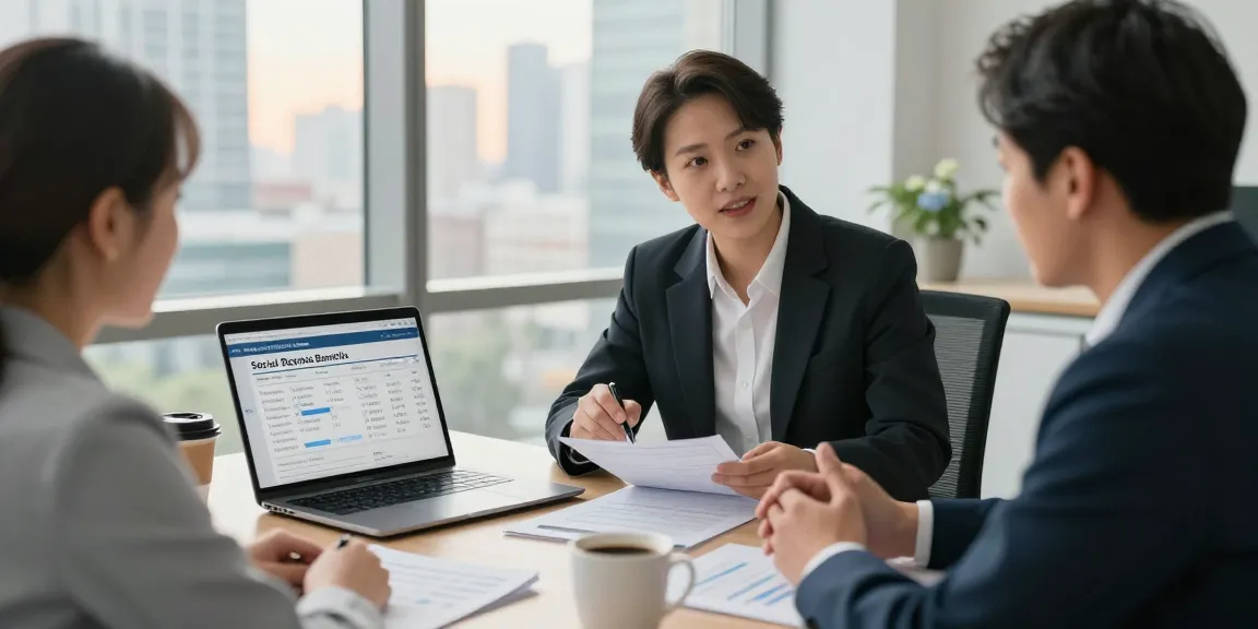 Client discussing social security benefits with financial consultant in a modern office.