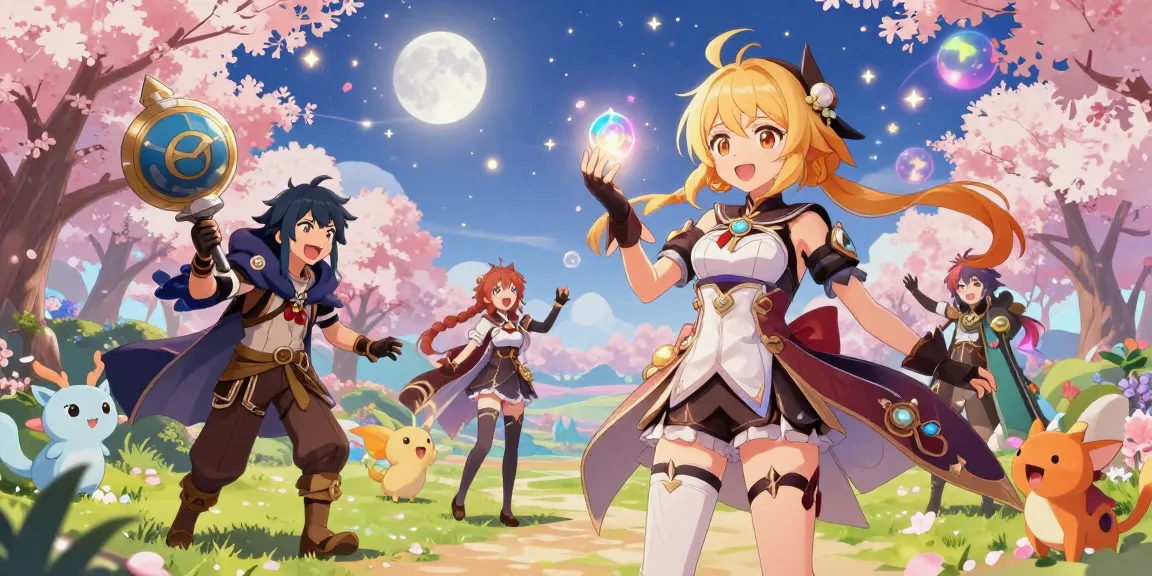 AI ecchi characters in a vibrant digital adventure setting with whimsical landscaping and lively expressions.