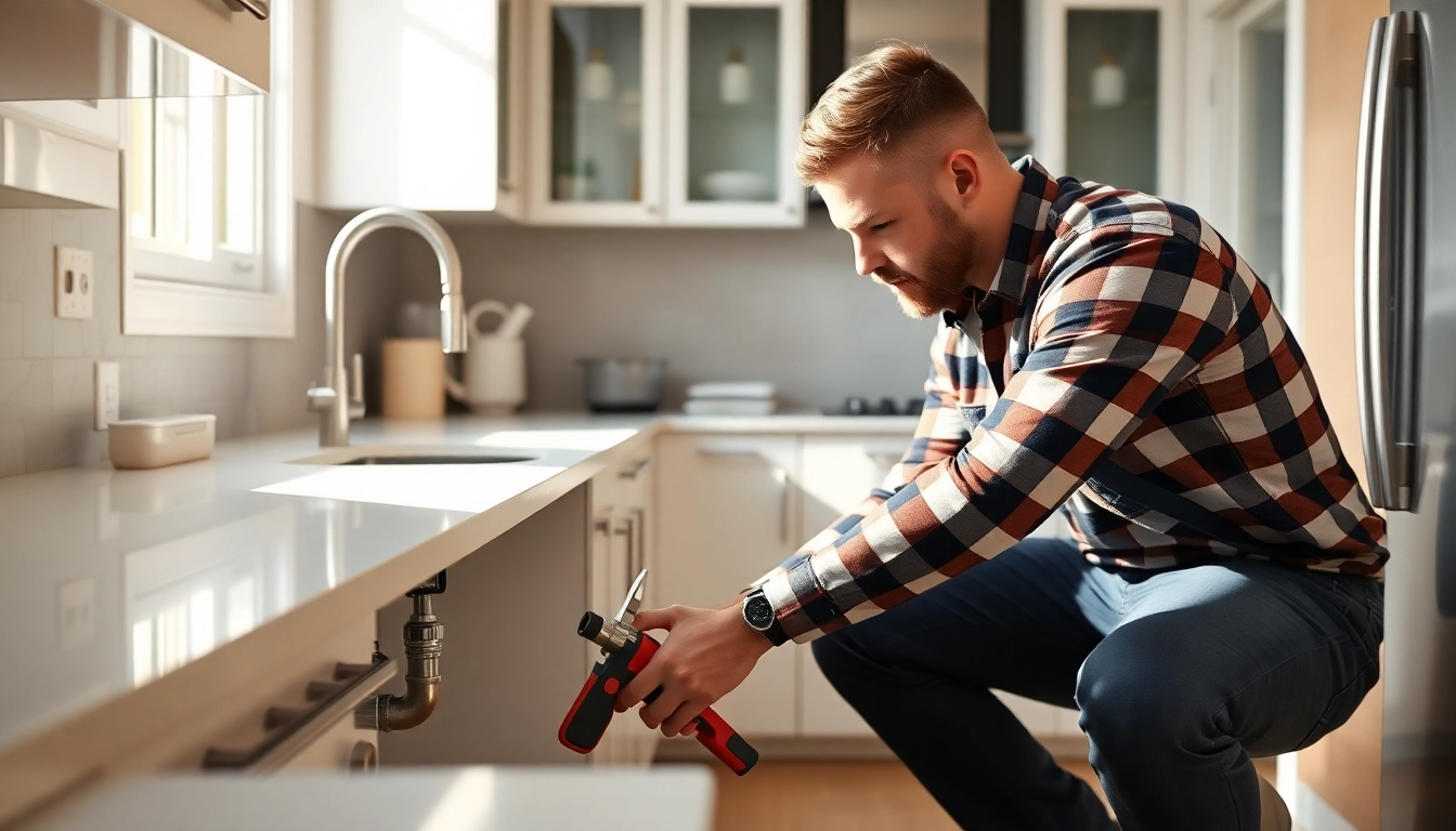 Find a reliable plumber near me fixing a kitchen sink in a modern home.
