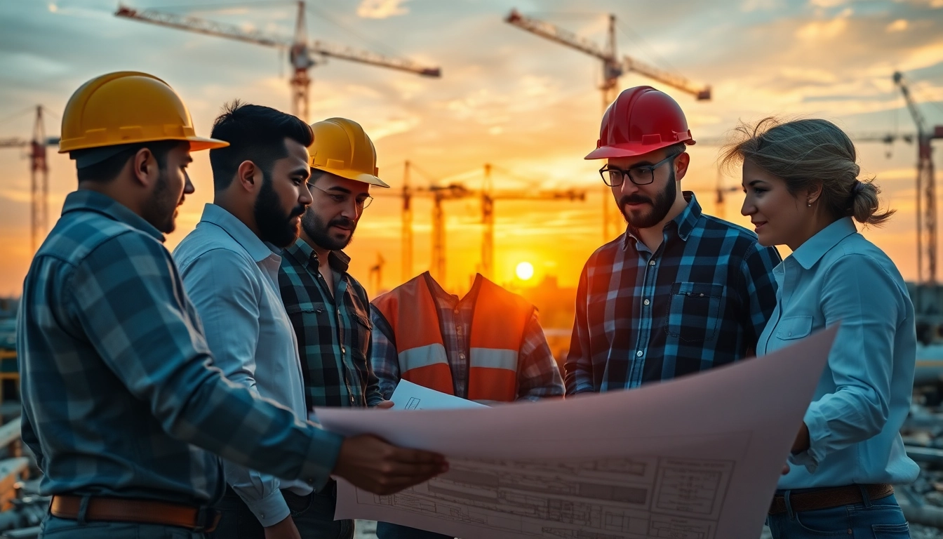 Construction association team collaborating effectively on-site with blueprints.