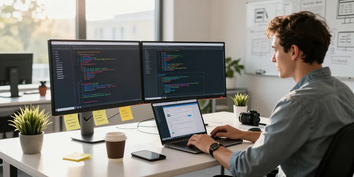 Web developer coding on dual monitors showcasing australian web hosting platform in a modern office space.