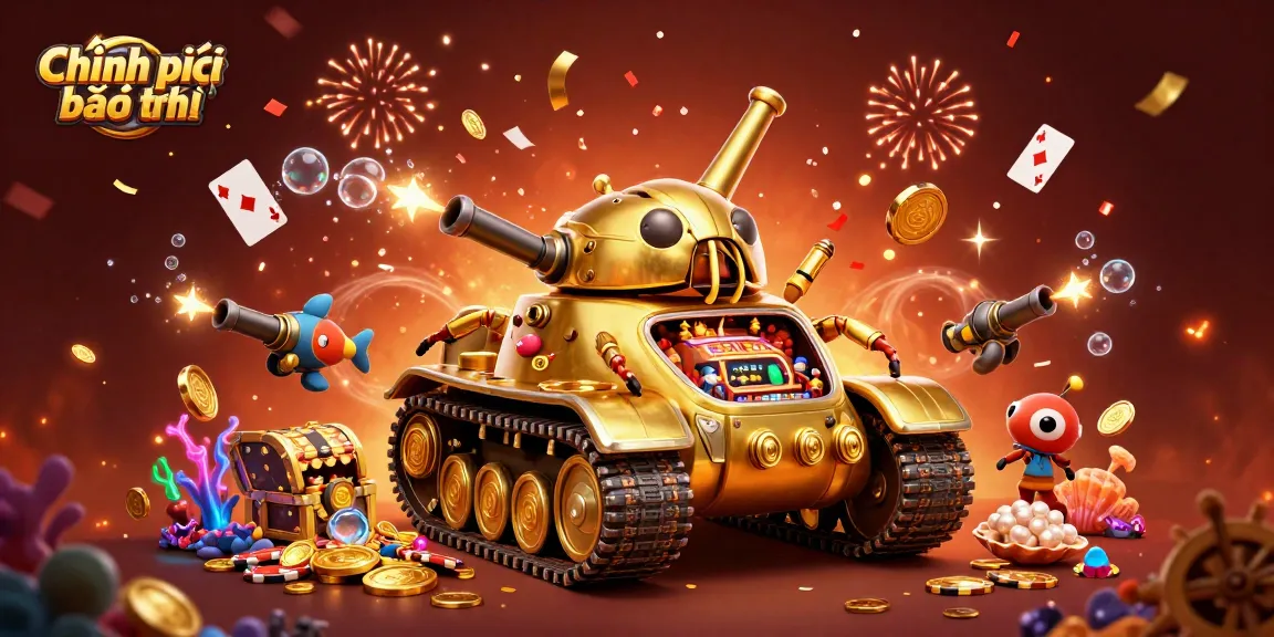 Engage with the exciting Chính sách bảo mật showcase, featuring a golden beetle tank casino surrounded by festive elements.