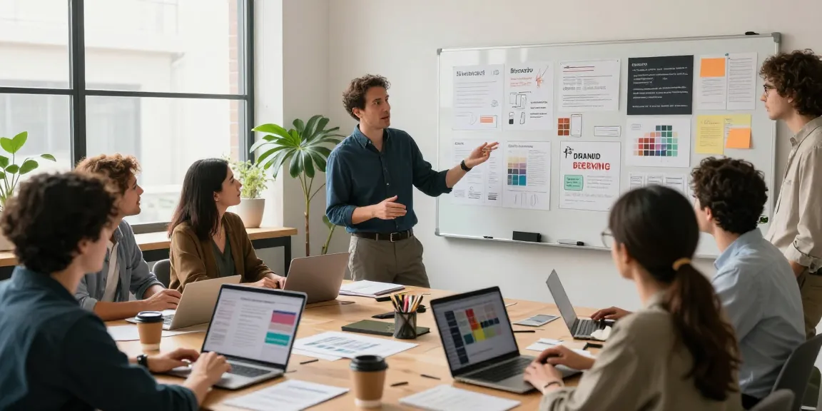 Engaged team collaborating in a brand sprint for founders, designing strategies and visual identity concepts in a creative studio.