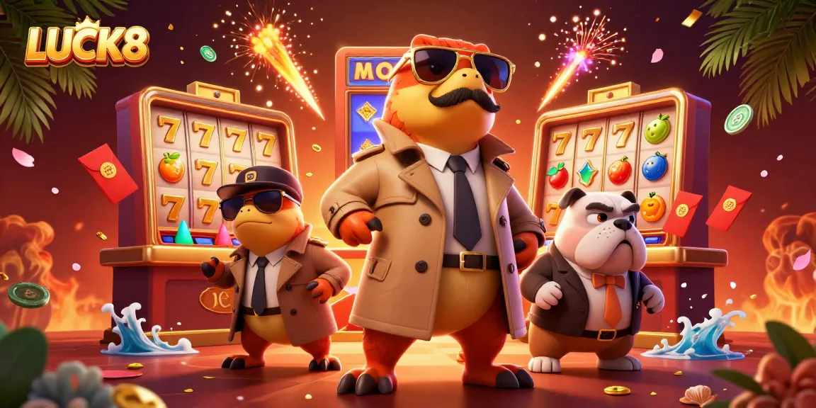 LUCK8 raptors humorously disguising as a tall person to enter a VIP casino lounge, surrounded by festive gaming elements.