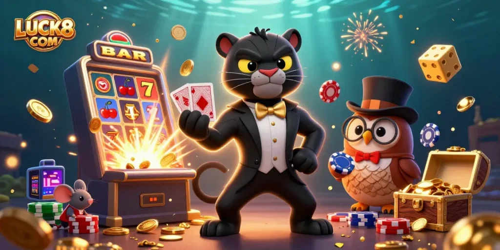 Experience thrilling gameplay with the stylish LUCK8 COM characters in this vibrant casino scene.
