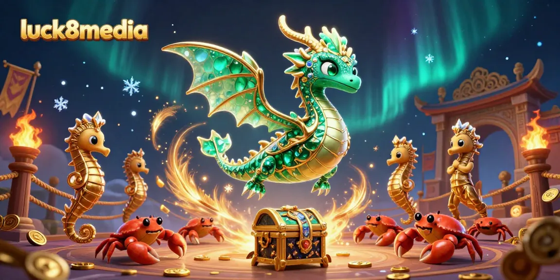 Experience thrilling gameplay with luck8media’s emerald dragon guarding treasures in a vibrant casino scene.