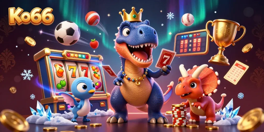 Join the fun at Ko66 with a T-Rex shuffling cards while colorful slots and sports elements surround them.