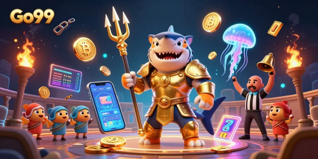 Experience thrilling gameplay at Go99 with a dynamic scene featuring a shark in gladiator armor