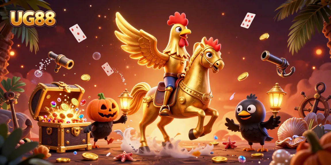 Experience the thrill of UG88 casino with a golden rooster riding a spectral horse in this vibrant illustration.