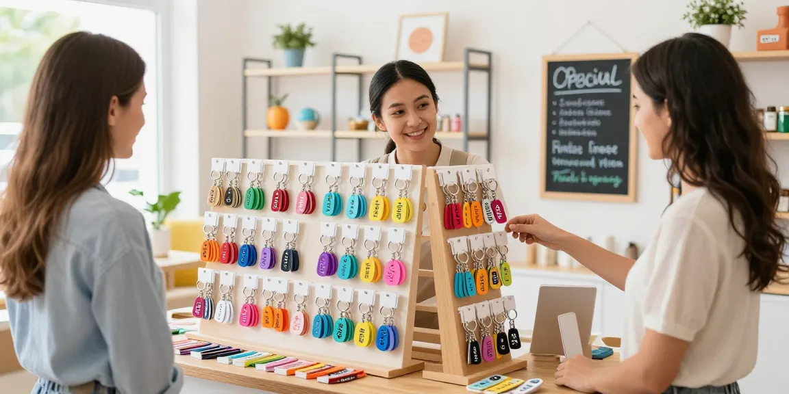 Vibrant display of custom keychains in an engaging e-commerce retail environment.