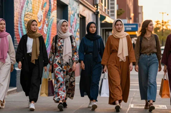 Women showcasing diverse styles in modest fashion while shopping in a vibrant urban setting.