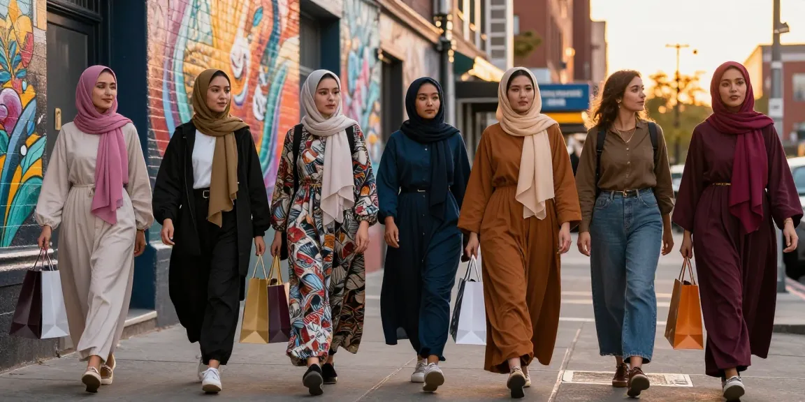 Women showcasing diverse styles in modest fashion while shopping in a vibrant urban setting.