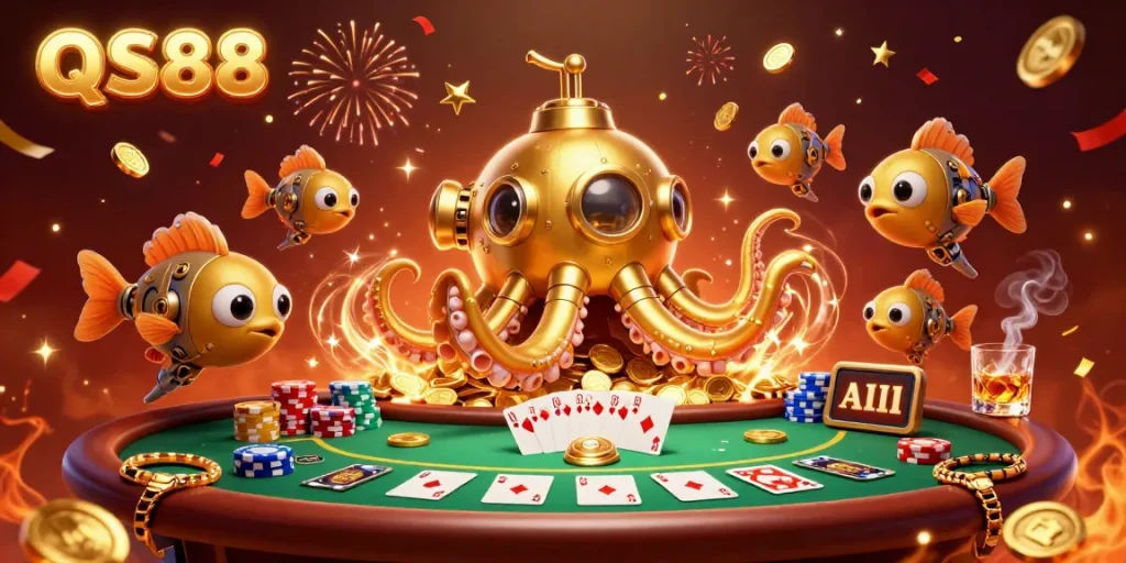 Experience exciting gameplay at QS88 with a vibrant 3D casino scene filled with poker elements and a golden kraken submarine.