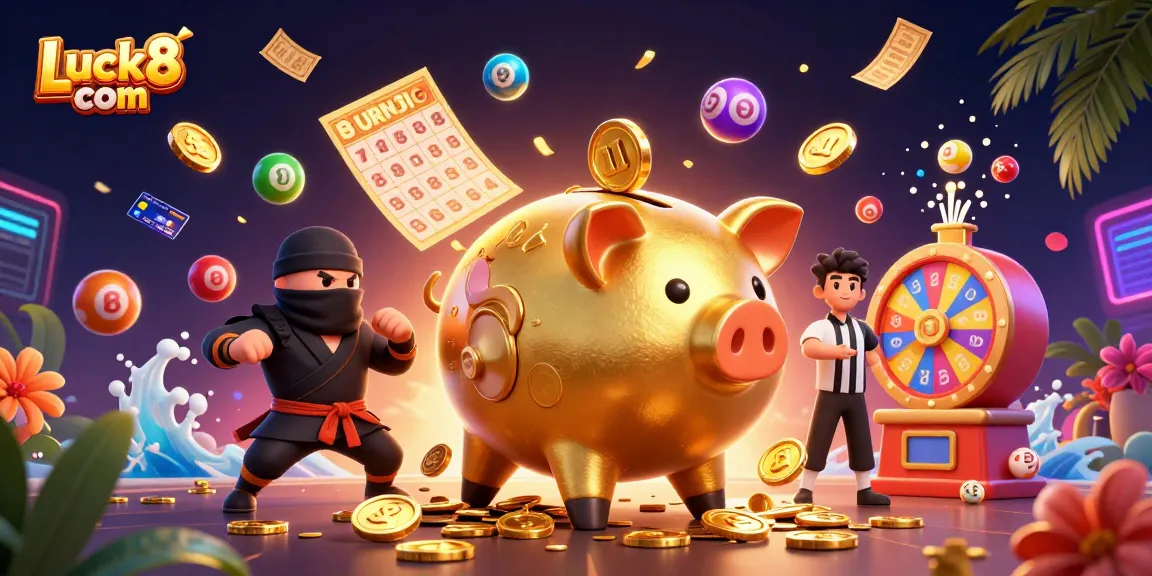 Experience excitement at Luck8 com with a vibrant casino scene featuring colorful lottery elements and characters.