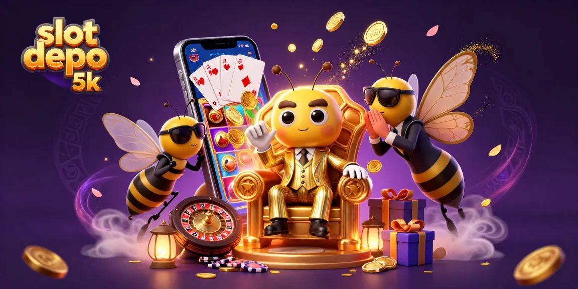 Engage in thrilling slot depo 5k gameplay with an animated bumblebee mob boss amidst vibrant gaming elements.