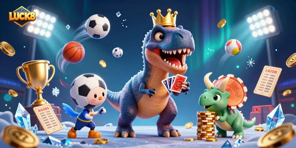 LUCK8 showcases a vibrant casino scene with a T-Rex, pterodactyl, and triceratops engaged in dynamic betting action.