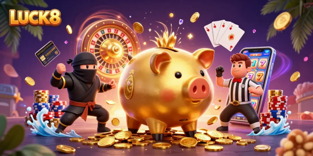 LUCK8 offers thrilling gaming action with a golden piggy bank wrestler and dynamic casino elements.
